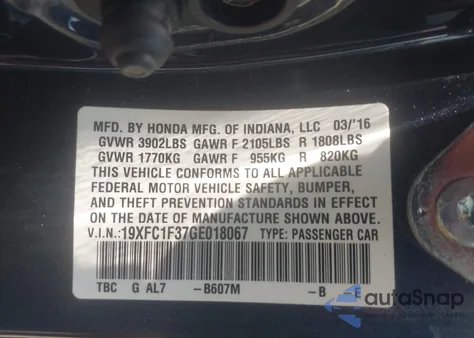 2016 Honda Civic Ex-T z USA, uszkodzony, nr VIN 19XFC1F37GE018067